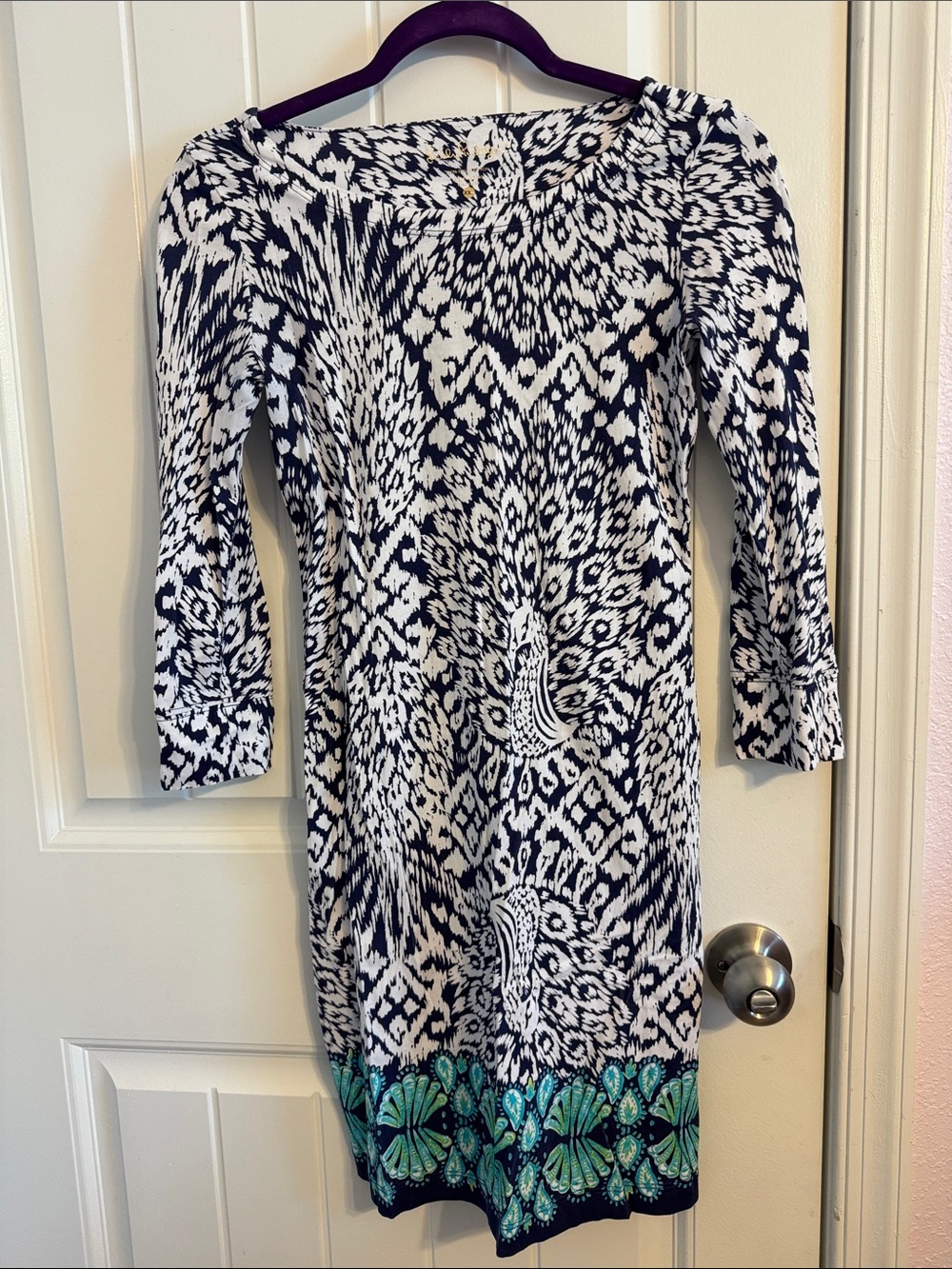 Lilly Pulitzer Navy and White Printed Knit Top with Gold Script